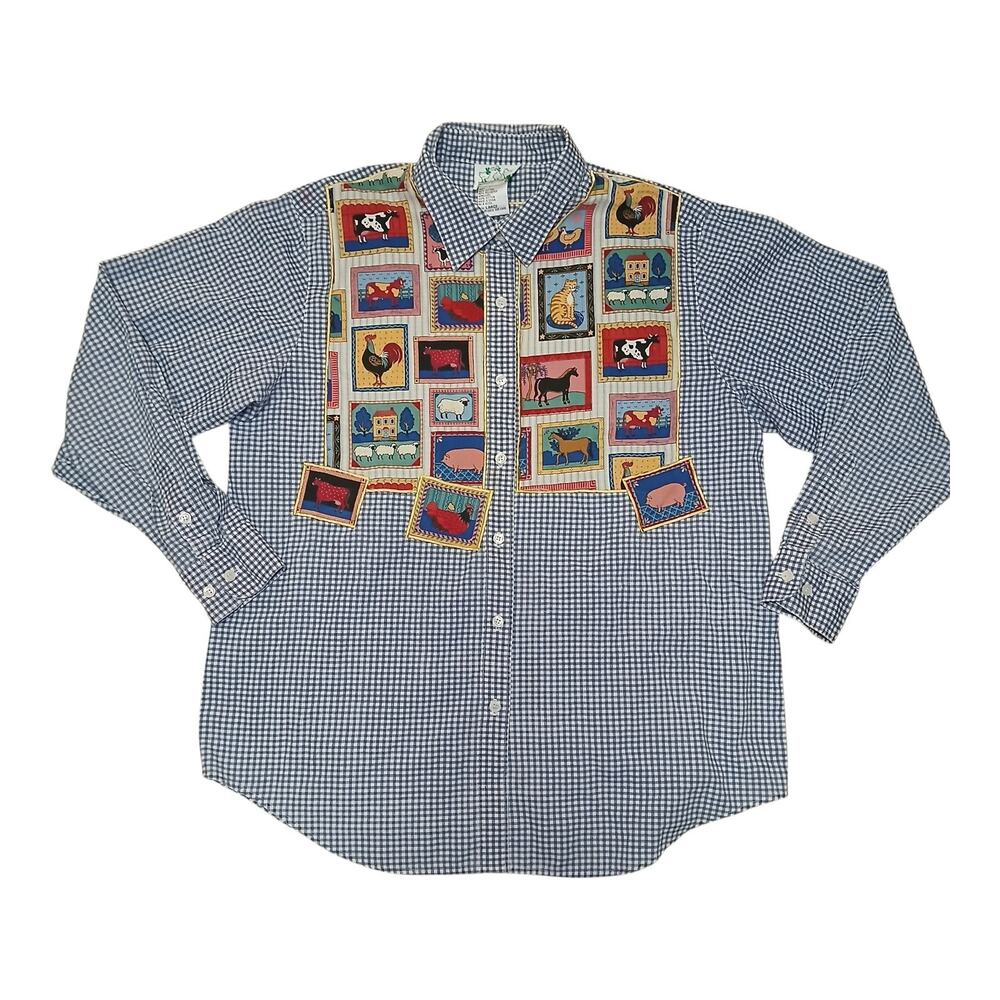 Quacker Factory Farm Animal‎ Applique Shirt Blue Gingham Button Front Top Size L